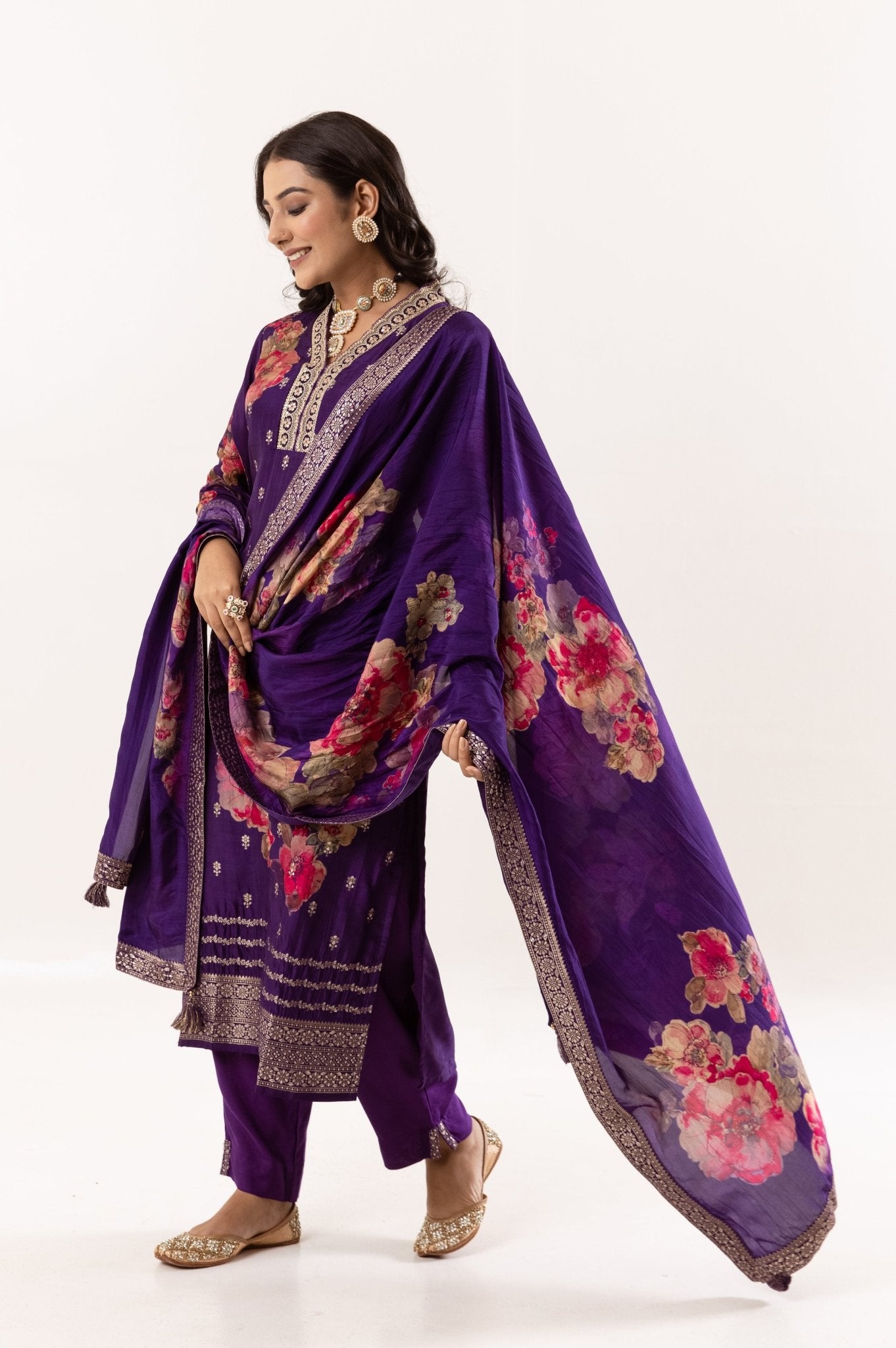 Purple Passion Floral Embroidered Ethnic Ensemble - Tulsistudiolifestyletest