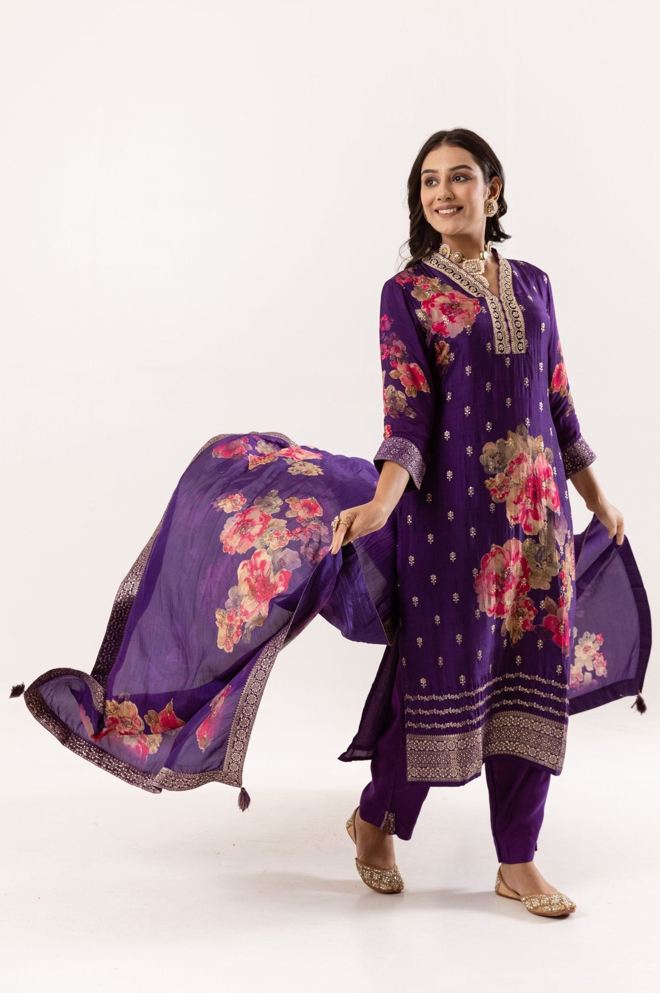 Purple Passion Floral Embroidered Ethnic Ensemble - Tulsistudiolifestyletest