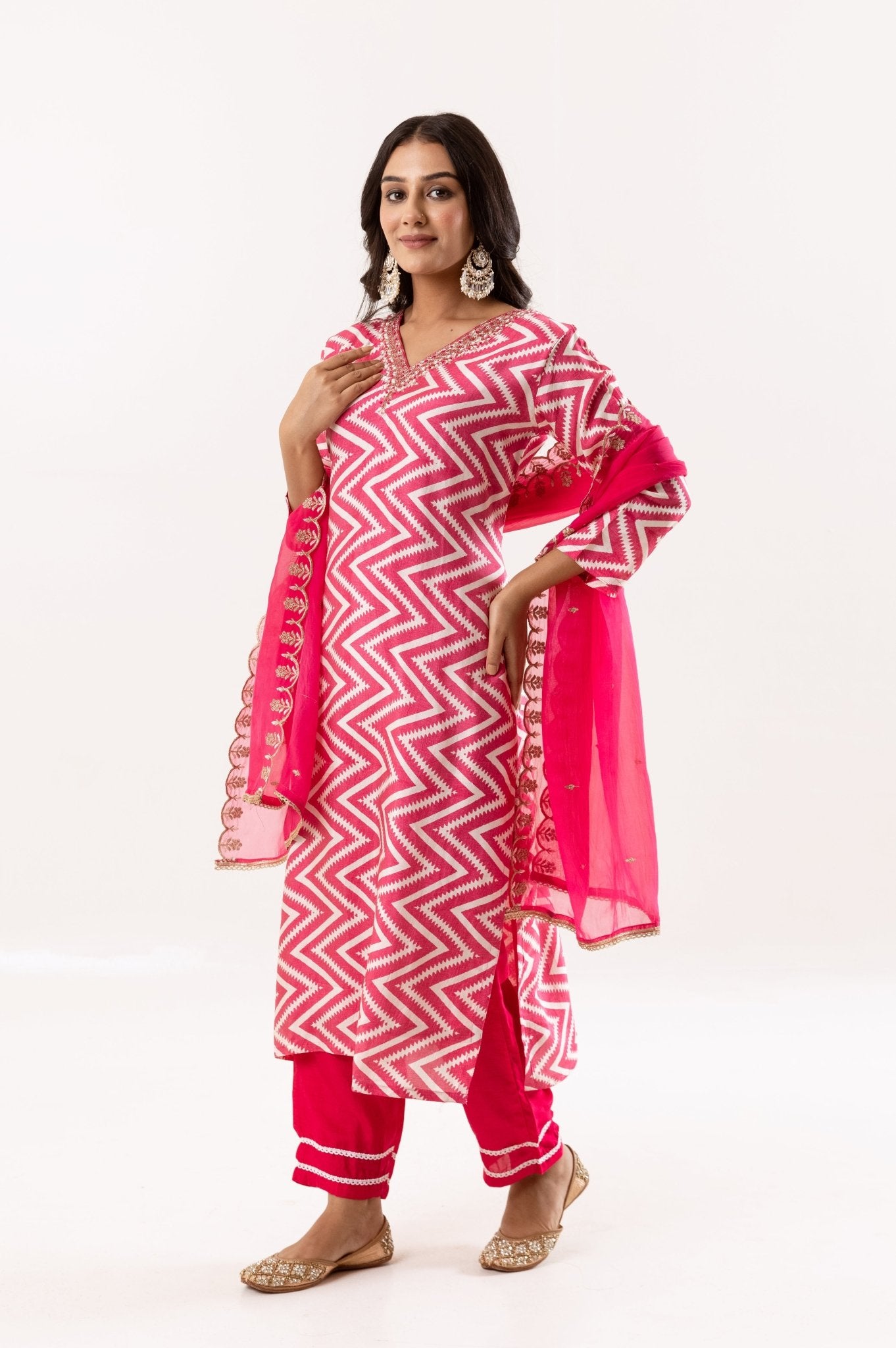 Radiant Fuchsia Chevron Ensemble with Embellished Dupatta - Tulsistudiolifestyletest