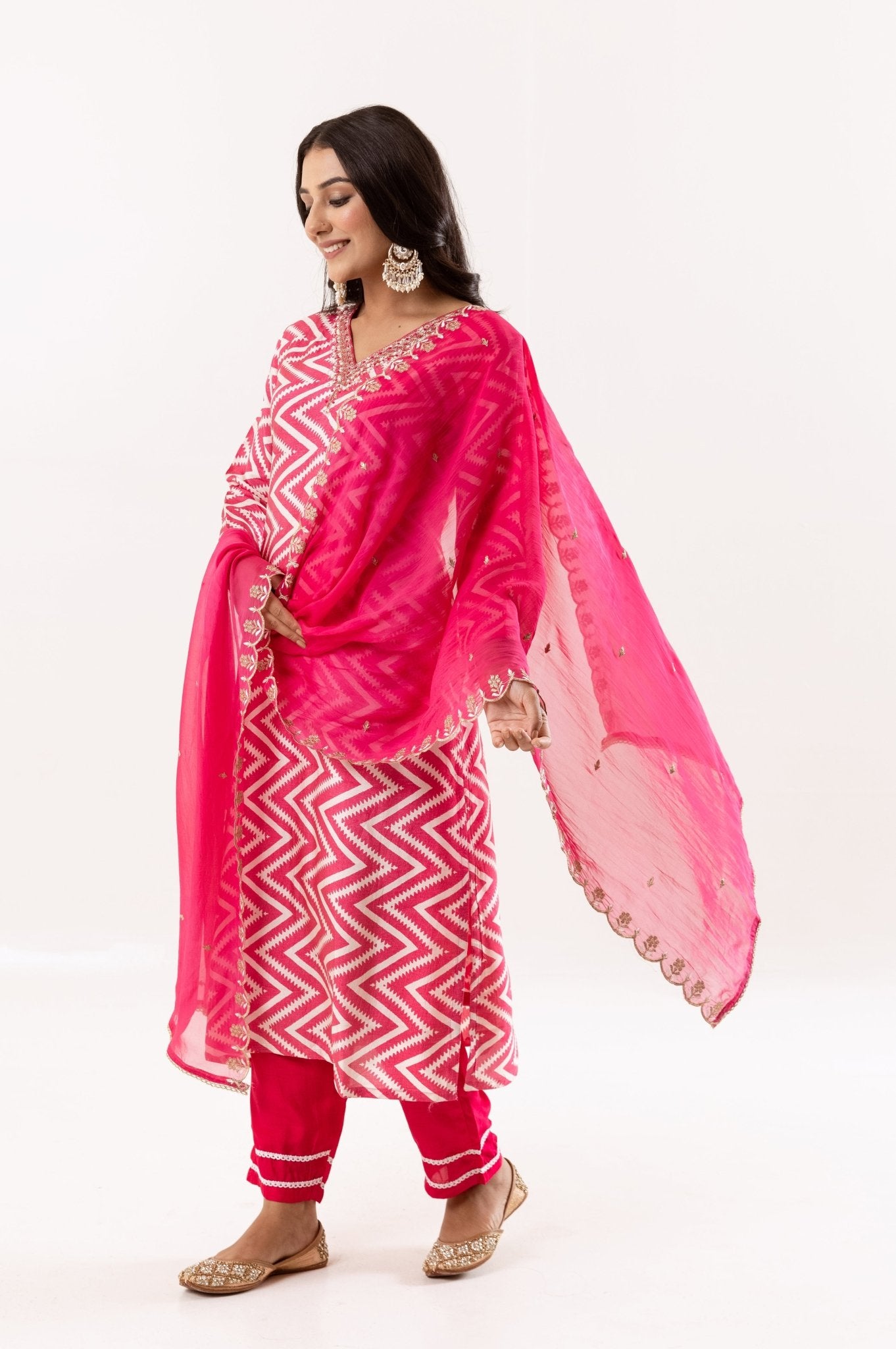 Radiant Fuchsia Chevron Ensemble with Embellished Dupatta - Tulsistudiolifestyletest