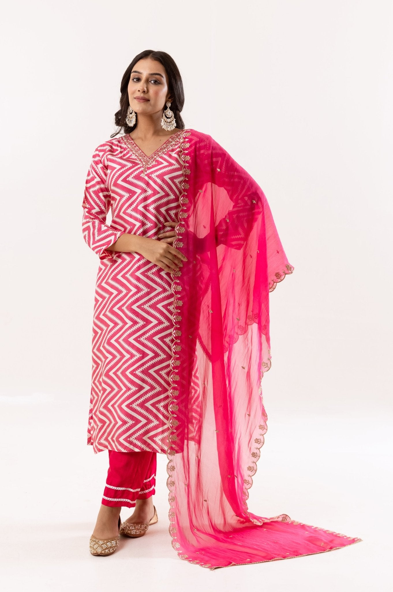 Radiant Fuchsia Chevron Ensemble with Embellished Dupatta - Tulsistudiolifestyletest