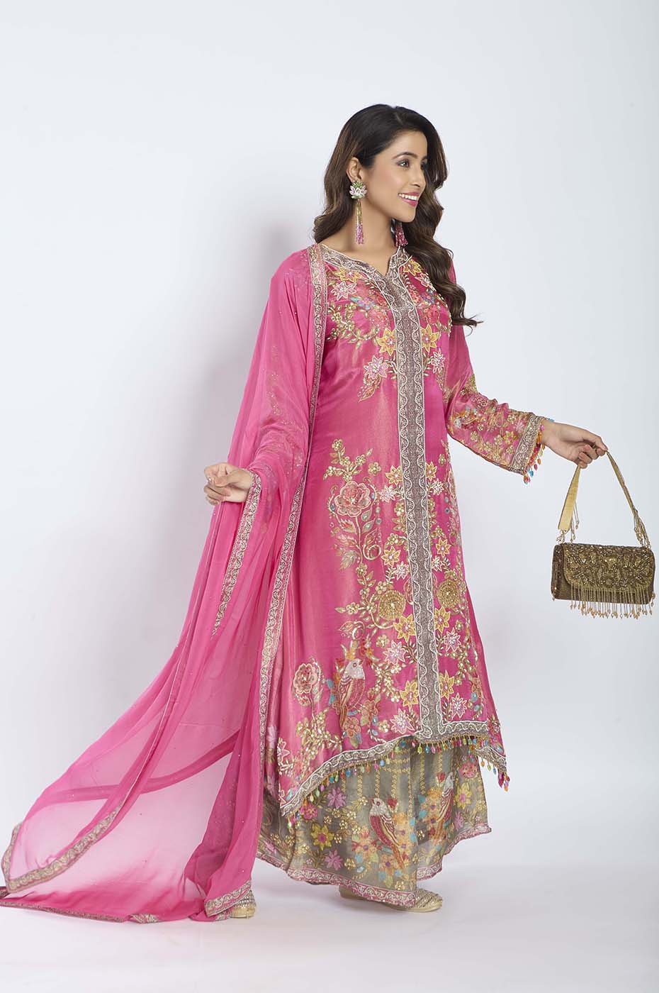 Rani Tissue High Kurta with Palazzo and Georgette Dupatta featuring Pearl Work outfit - Tulsistudiolifestyletest