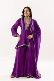 Royal Purple Embroidered Flared Short Kurti with Palazzo and Dupatta Set - Tulsistudiolifestyletest