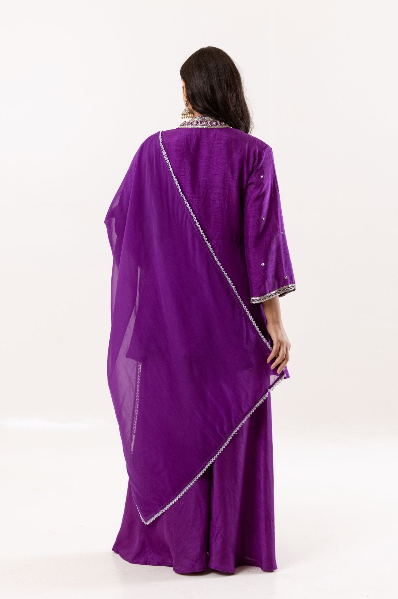 Royal Purple Embroidered Flared Short Kurti with Palazzo and Dupatta Set - Tulsistudiolifestyletest