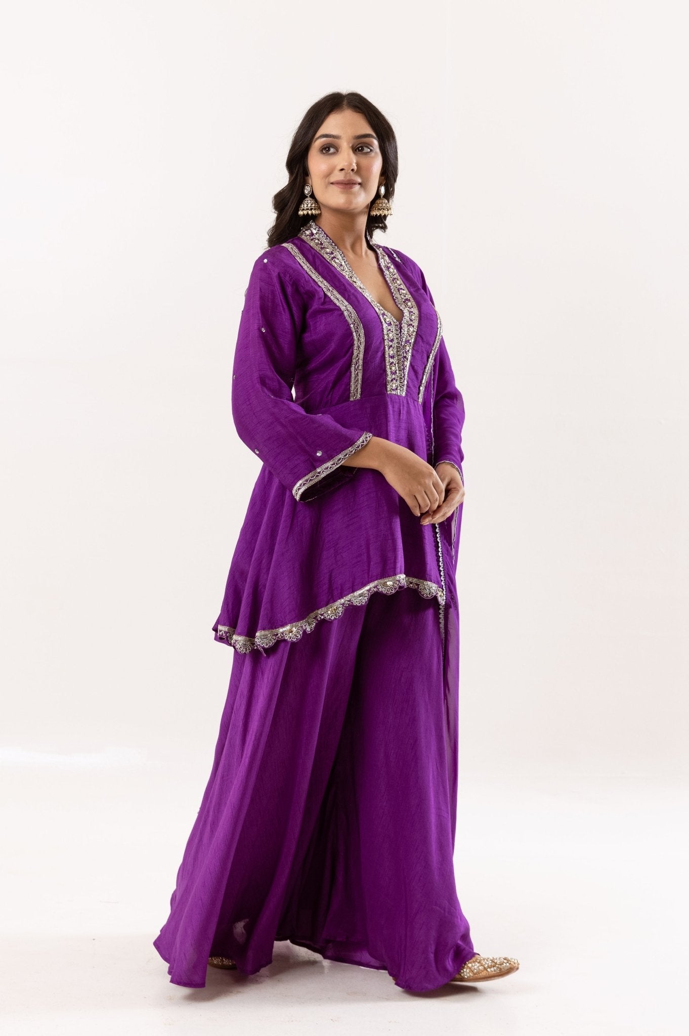 Royal Purple Embroidered Flared Short Kurti with Palazzo and Dupatta Set - Tulsistudiolifestyletest