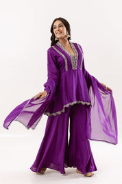 Royal Purple Embroidered Flared Short Kurti with Palazzo and Dupatta Set - Tulsistudiolifestyletest