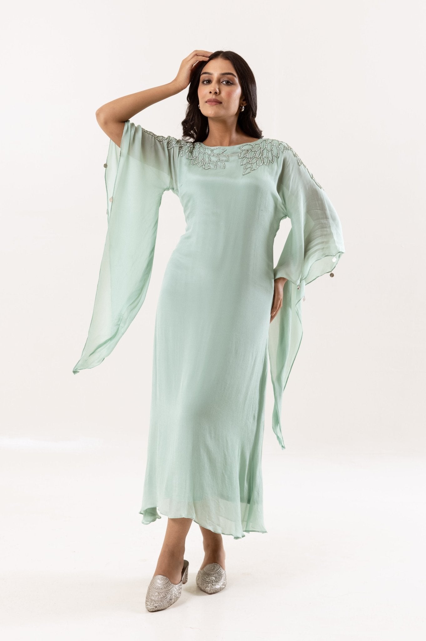 Sky Blue One - Piece Dress with Side Falling Sleeve and Diamond Work - Tulsistudiolifestyletest