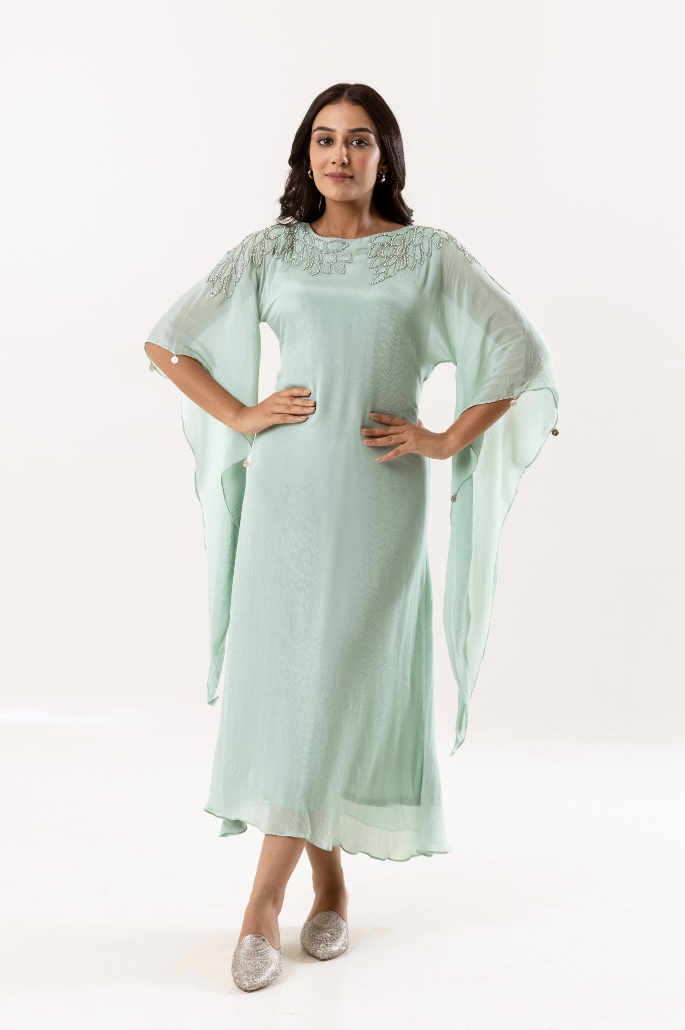 Sky Blue One - Piece Dress with Side Falling Sleeve and Diamond Work - Tulsistudiolifestyletest