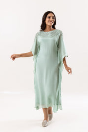 Sky Blue One - Piece Dress with Side Falling Sleeve and Diamond Work - Tulsistudiolifestyletest