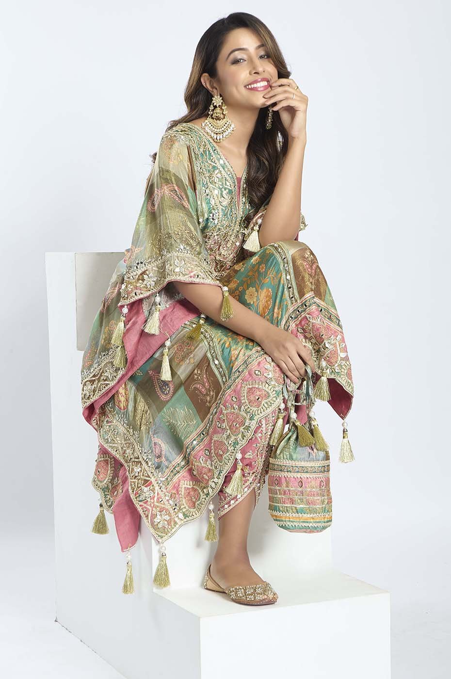Vibrant Multi - Color Kaftan With Dhoti & Potli - Tulsistudiolifestyletest