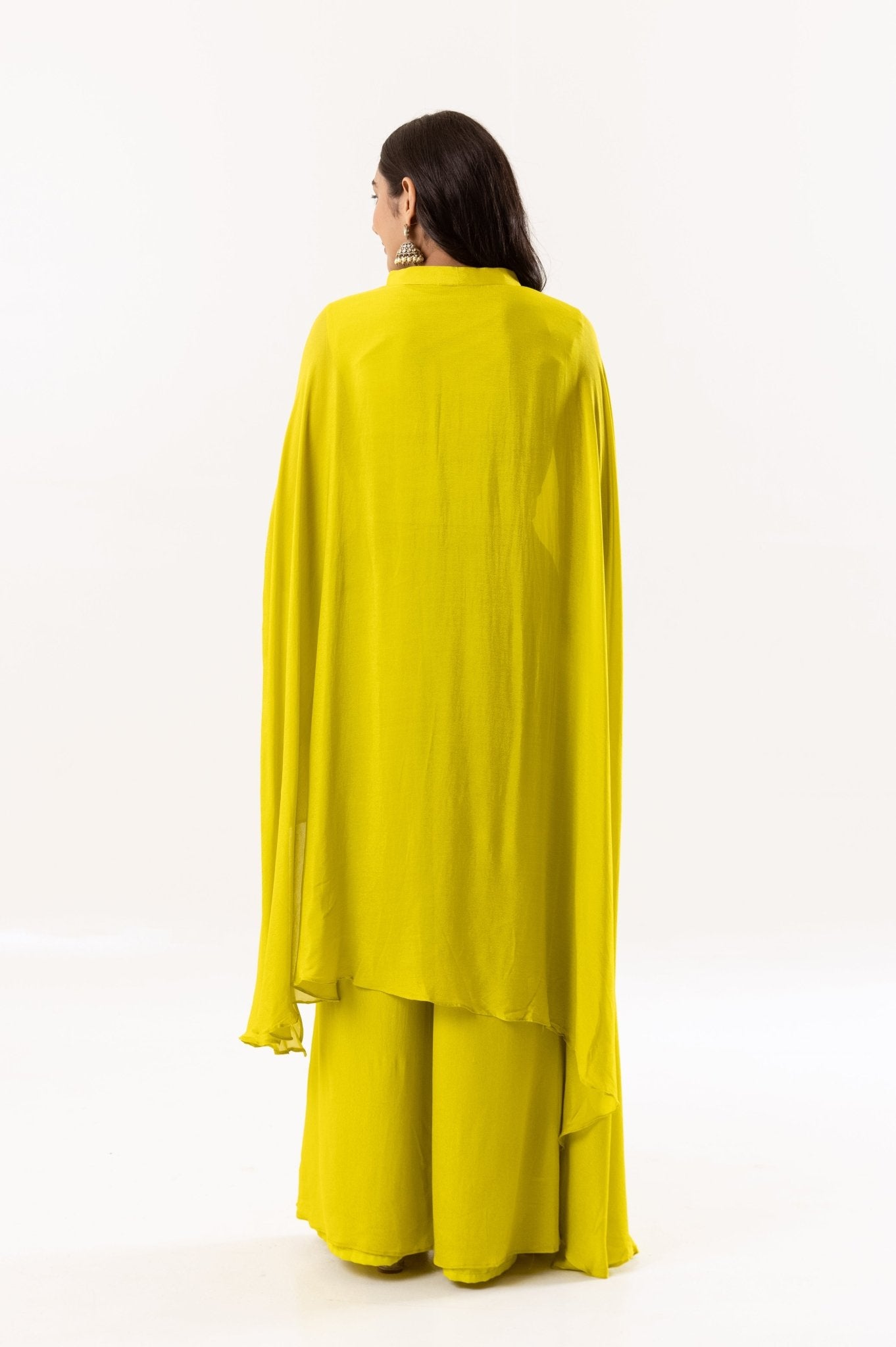 Vibrant Yellow Beaded indowestern and Cape Ensemble - Tulsistudiolifestyletest