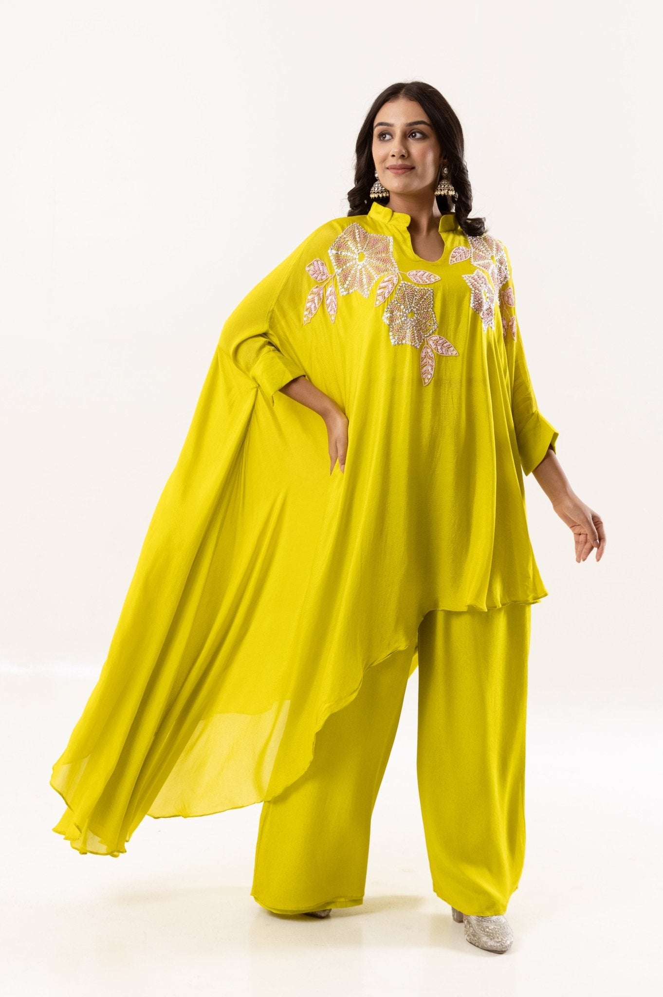 Vibrant Yellow Beaded indowestern and Cape Ensemble - Tulsistudiolifestyletest