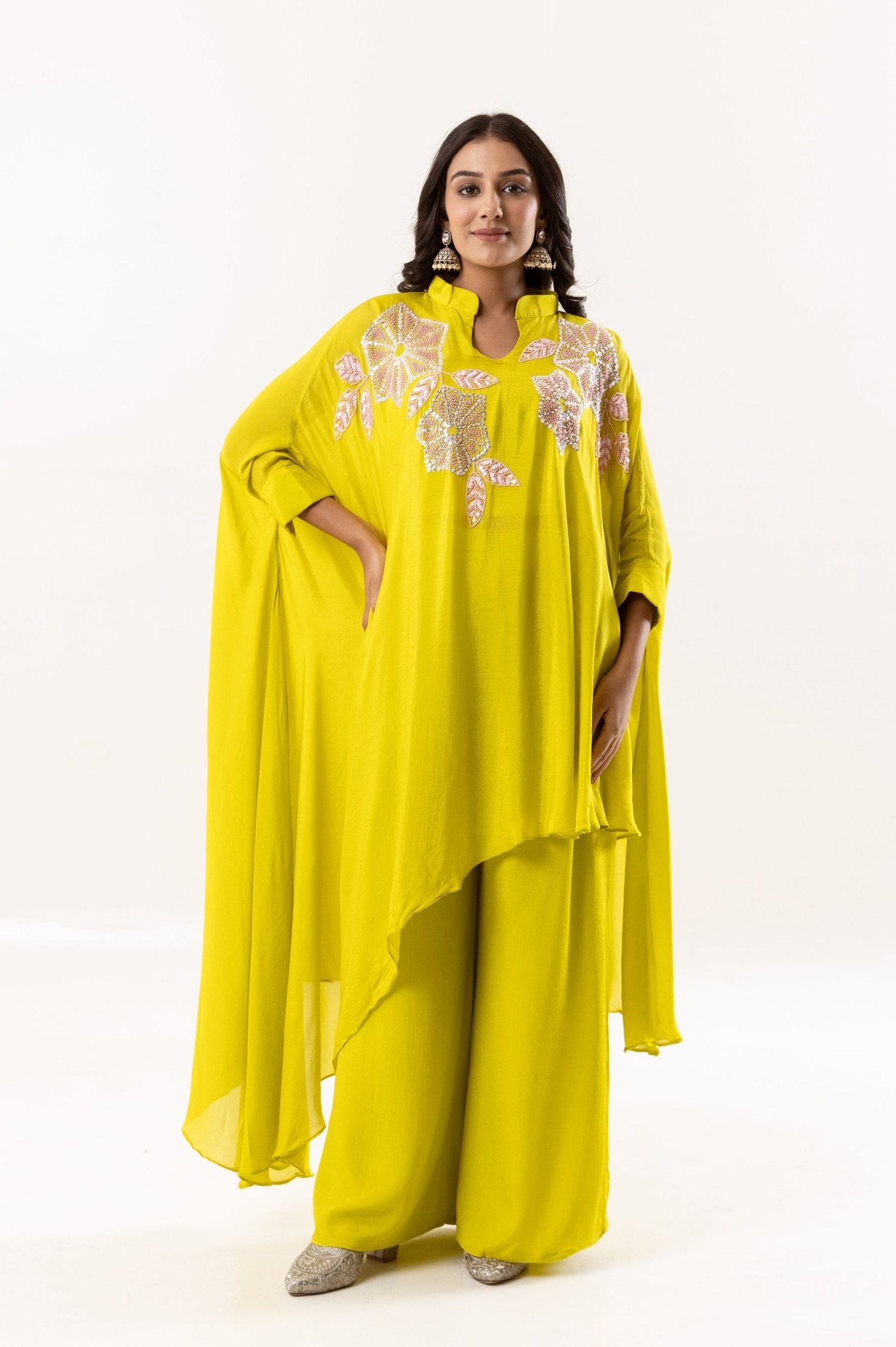 Vibrant Yellow Beaded indowestern and Cape Ensemble - Tulsistudiolifestyletest