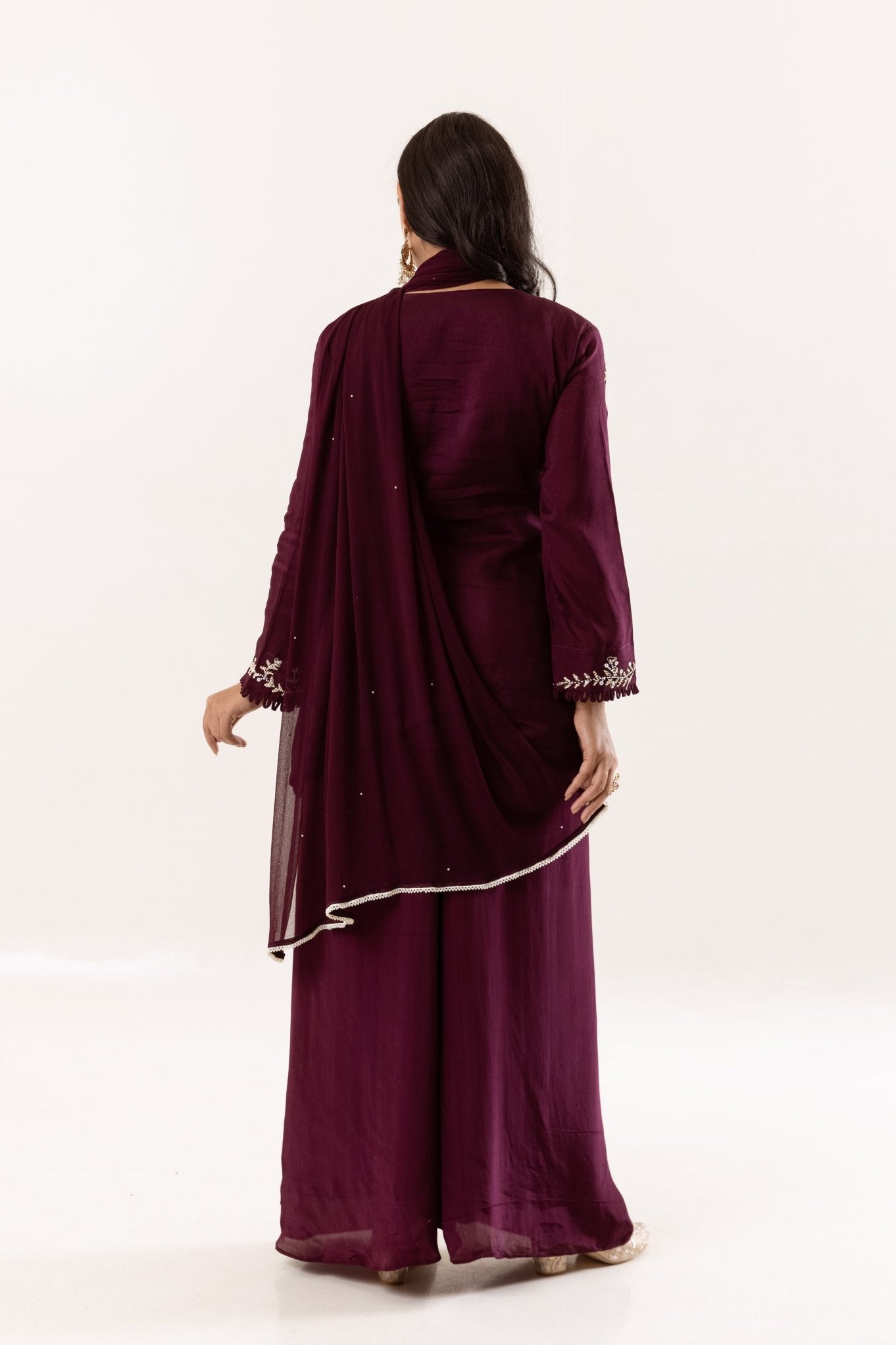 Wine Color Silk Short Kurta with Satin Silk Palazzo and Georgette Dupatta - Tulsistudiolifestyletest