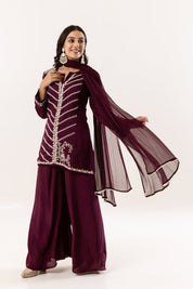 Wine Color Silk Short Kurta with Satin Silk Palazzo and Georgette Dupatta - Tulsistudiolifestyletest