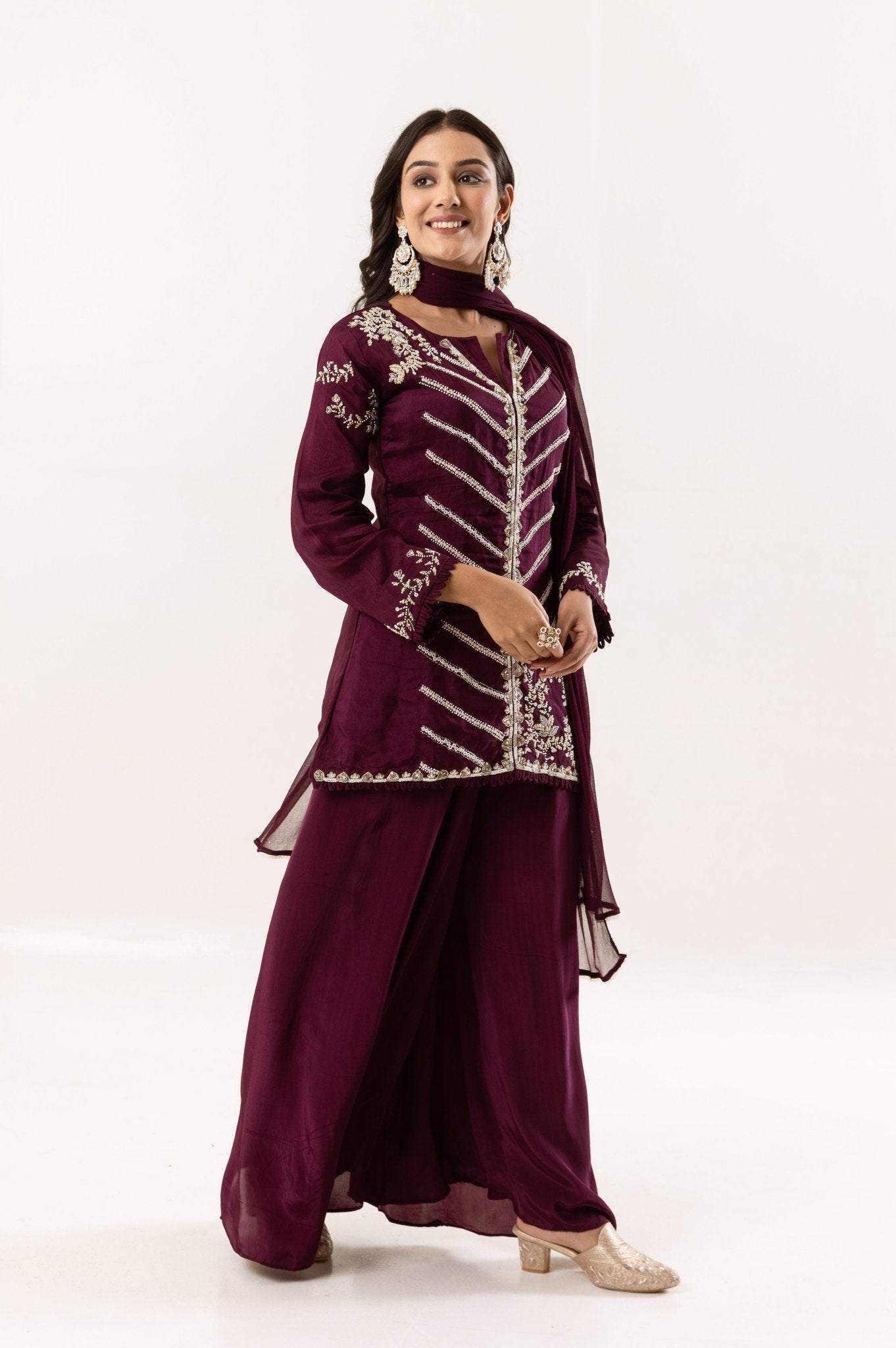 Wine Color Silk Short Kurta with Satin Silk Palazzo and Georgette Dupatta - Tulsistudiolifestyletest