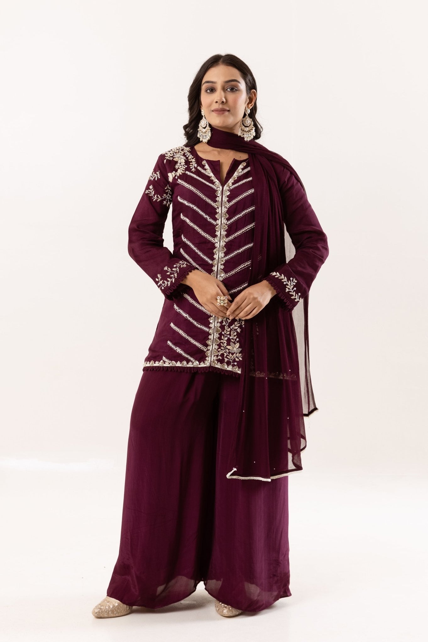 Wine Color Silk Short Kurta with Satin Silk Palazzo and Georgette Dupatta - Tulsistudiolifestyletest