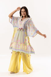 Yellow Muslin Silk Short Kaftan with Palazzo - Tulsistudiolifestyletest