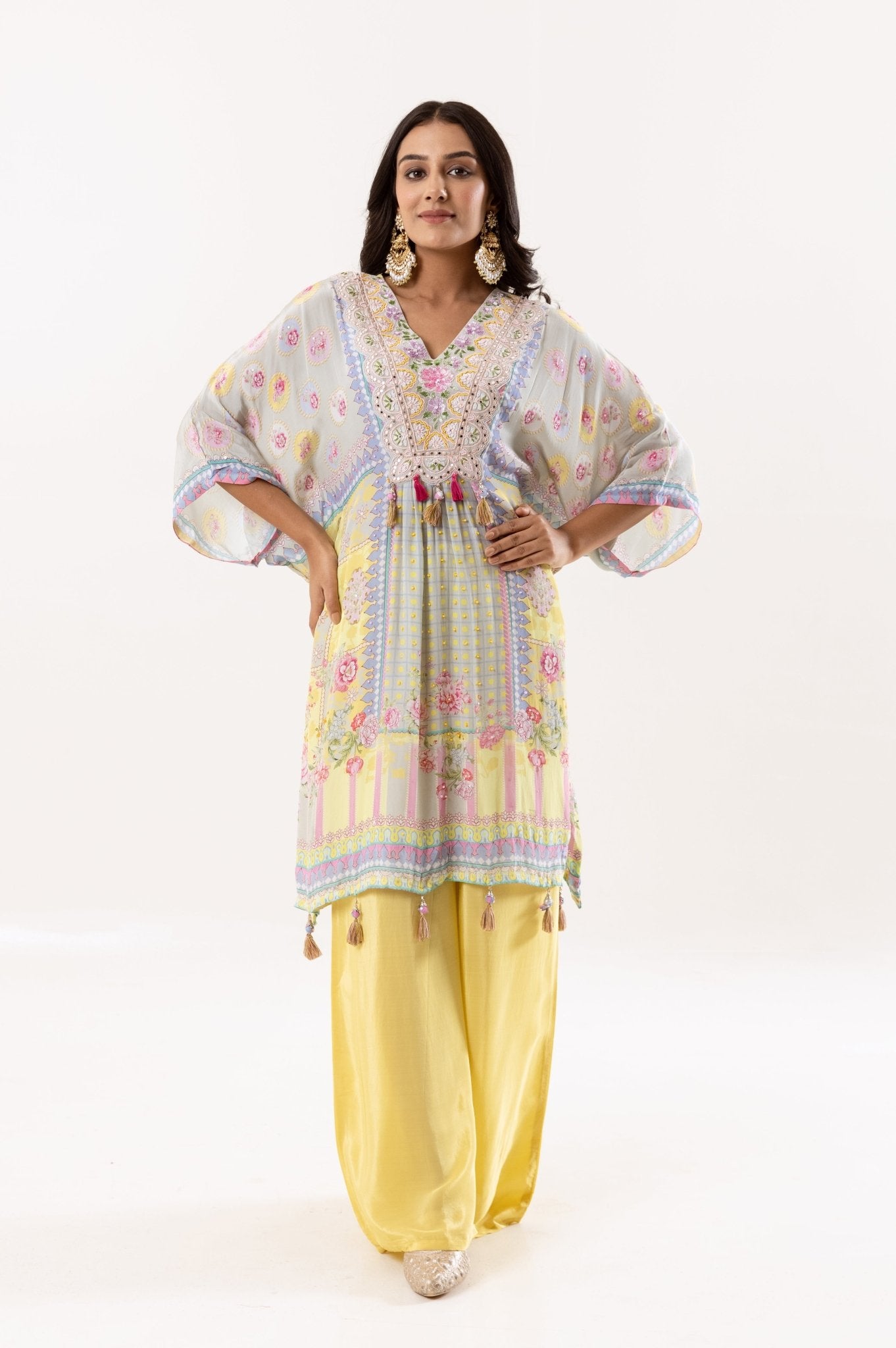 Yellow Muslin Silk Short Kaftan with Palazzo - Tulsistudiolifestyletest