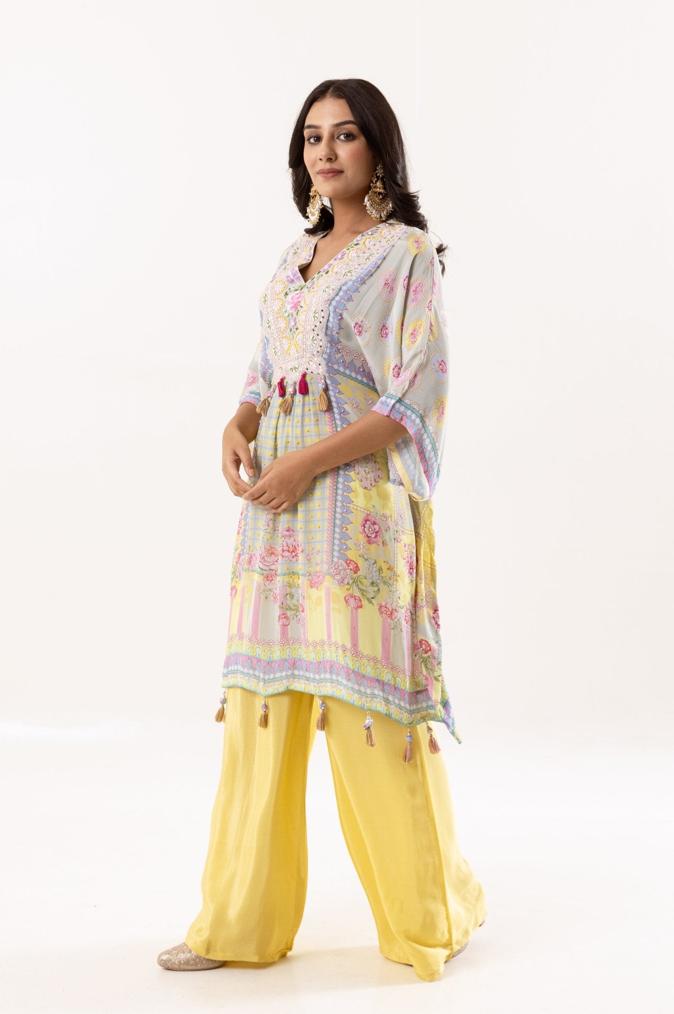 Yellow Muslin Silk Short Kaftan with Palazzo - Tulsistudiolifestyletest